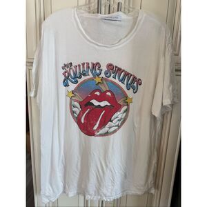 Daydreamer Women's Rolling Stones Retro Tongue Boyfriend Graphic Tee White Large